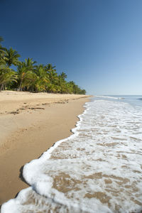 Tranquil summer day on mission beach, queensland, australia with gentle surf lapping the golden sand