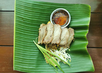 Close-up of food served on table