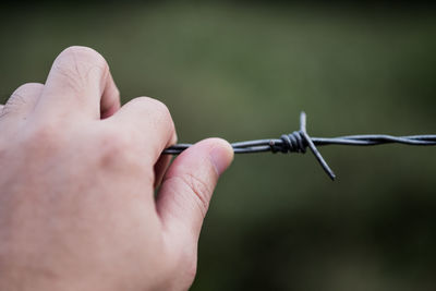 Cropped hand holding barbed wire fence