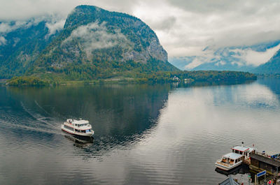 Ship arriving at hallstatt harbor