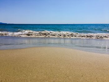 Scenic view of beach against clear sky