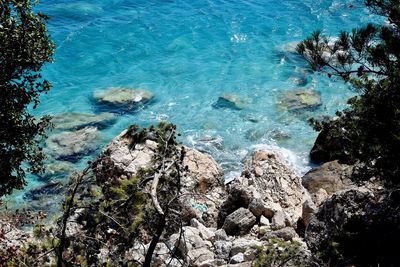 High angle view of rocky sea shore