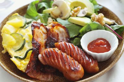 High angle view of breakfast served on table