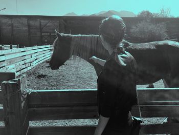 Full length of boy standing in stable