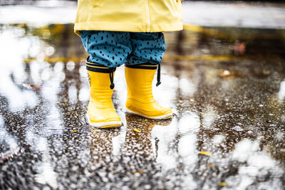 Low section of woman standing on puddle