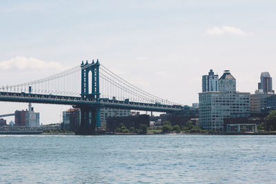 Bridge over river with city in background