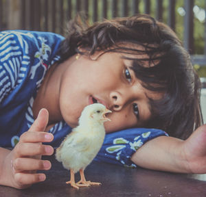 Portrait of cute baby boy holding bird