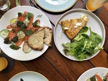 High angle view of breakfast served on table