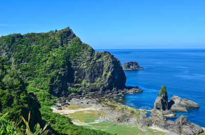Scenic view of rocks by sea against blue sky