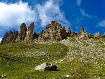 Panoramic view of rocks on land against sky