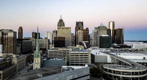 High angle shot of cityscape against clear sky