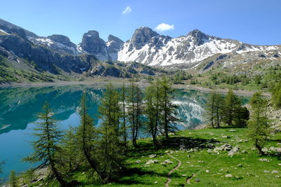 Scenic view of lake and mountains against sky