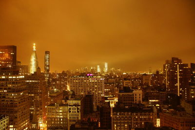 View of city lit up at night