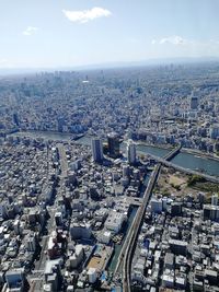 Aerial view of city and buildings against sky