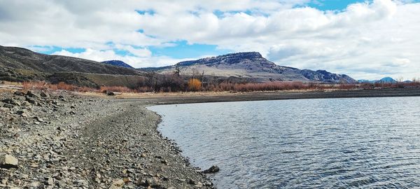 Scenic view of lake by snowcapped mountains against sky