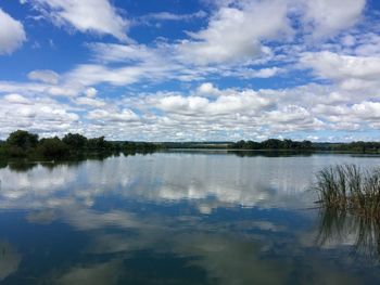 Scenic view of lake against cloudy sky