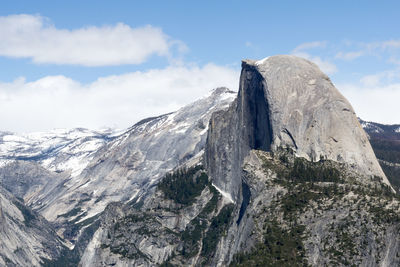 Low angle view of rocky mountains against sky