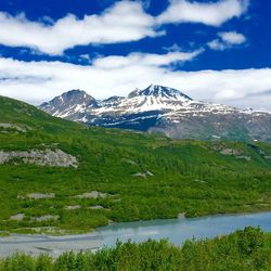 View of calm lake against mountain range