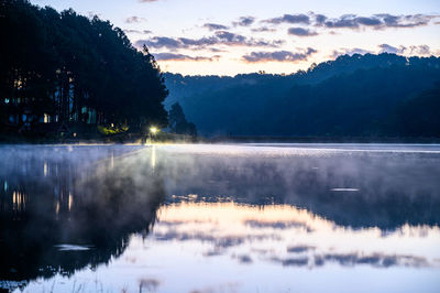 Reflection of trees in lake against sky during sunset