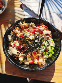 High angle view of food in plate on table