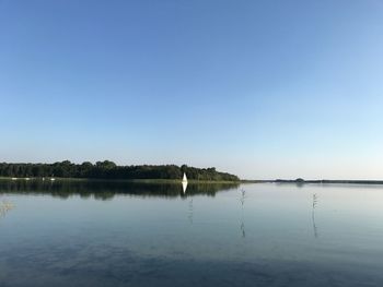 Scenic view of lake against clear blue sky