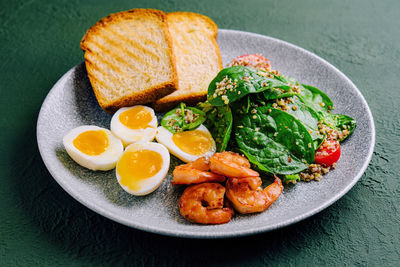 High angle view of food in plate on table