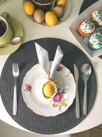 High angle view of food in plate on table