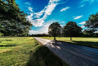 Empty road amidst field against sky