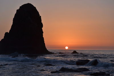 Scenic view of rocks in sea against sky during sunset