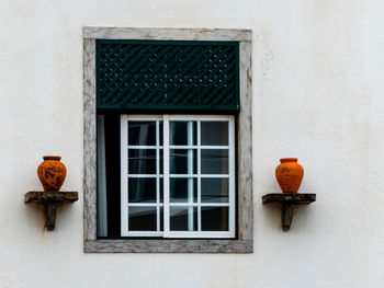 View of orange cat on window of building