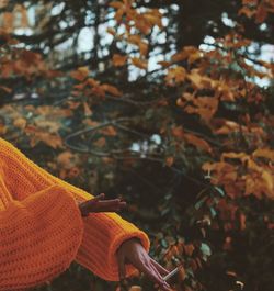 Close-up of hands gesturing while holding cigarette against trees during autumn