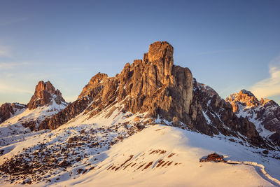 Snowcapped mountains against sky during sunset