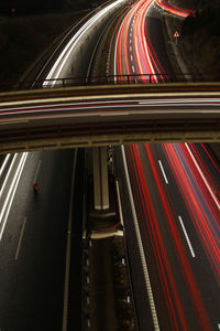 High angle view of light trails on highway