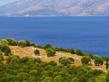 High angle view of landscape and sea