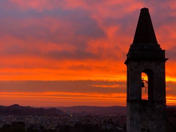 Silhouette of buildings against cloudy sky at sunset