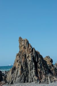Rock formations by sea against clear blue sky