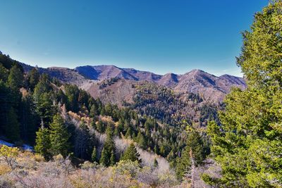 Scenic view of mountains against clear blue sky