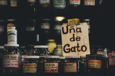 Close-up of wine bottles