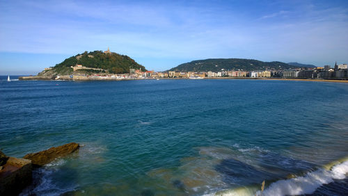 Scenic view of sea by city against sky