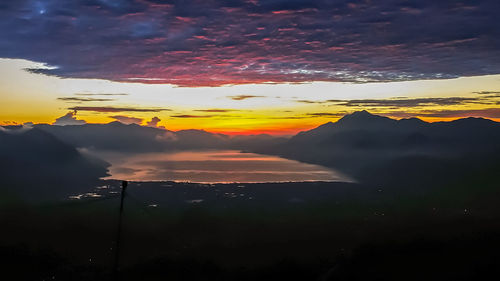 Scenic view of silhouette mountains against sky during sunset