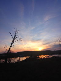 Silhouette bare trees on landscape against sunset sky