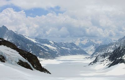Scenic view of snow covered mountains against sky