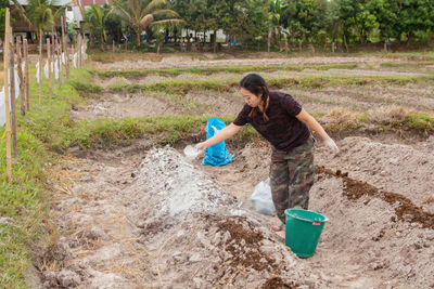 Woman putting fertilizer while standing on agricultural field