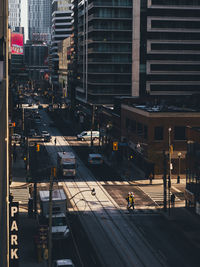 High angle view of city street and modern buildings