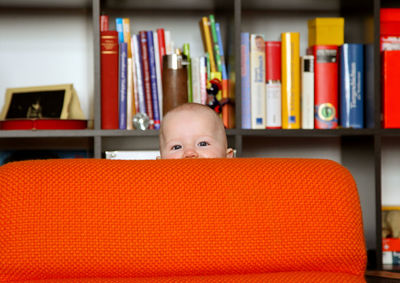 Portrait of cute boy reading book