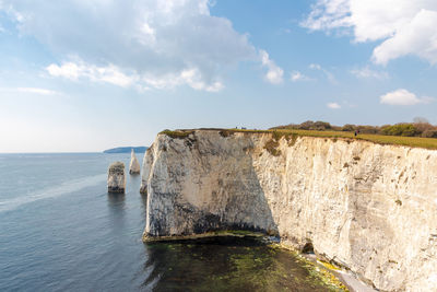 Old harry rocks near studland in dorset. english tourist attraction. white cliffs in sunny day