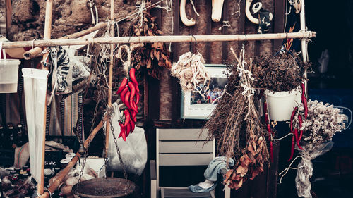 Clothes hanging on rope for sale in market