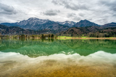 Scenic view of lake and mountains against sky