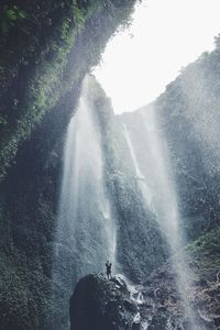 Low angle view of man standing against waterfall in forest