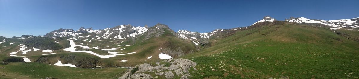 Scenic view of snowcapped mountains against clear sky